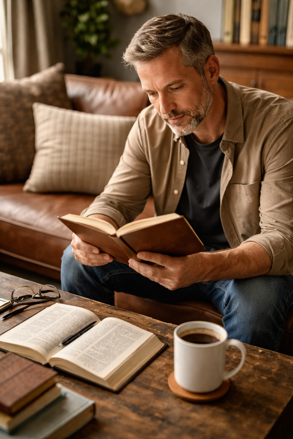 Man sitting reading a journal with an open Bible beside him